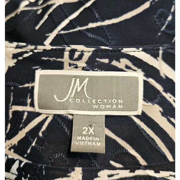 JM Collection Blue White Top Blouse Jacquard Abstract Stretch S/S Size 2X - Picture 5 of 6